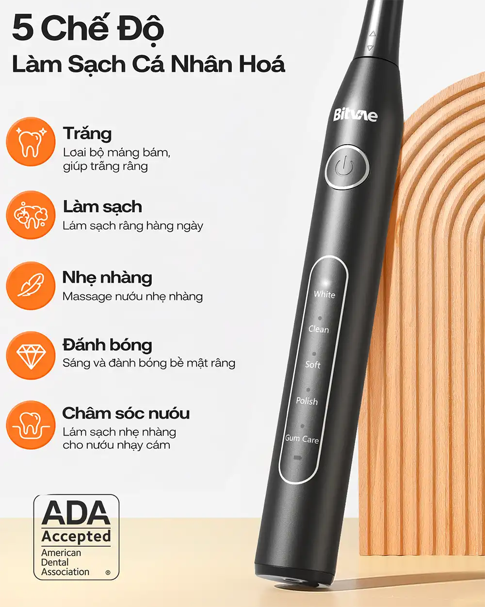 5 chế độ làm sạch răng của bàn chải điện Bitvae D2