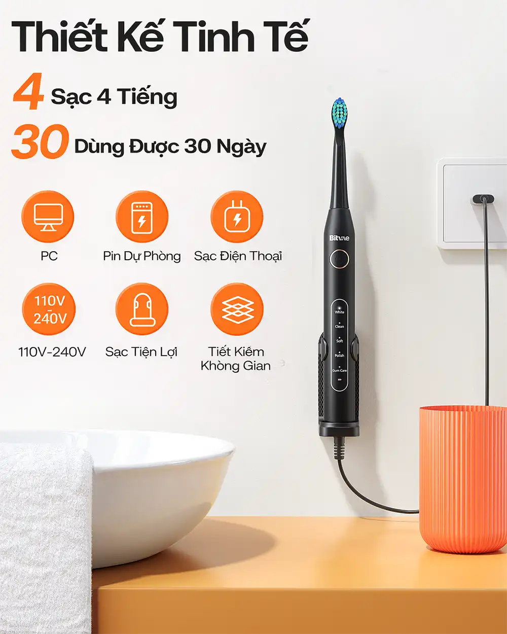 Dung lượng pin cao của bàn chải điện Bitvae D2